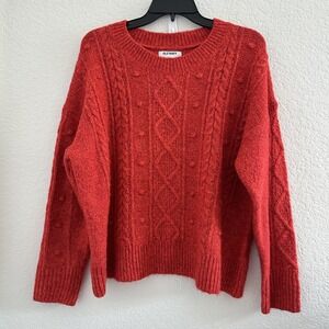 Old Navy Cable Knit Boxy Sweater Womens L Red Marled Texture Christmas Fisherman